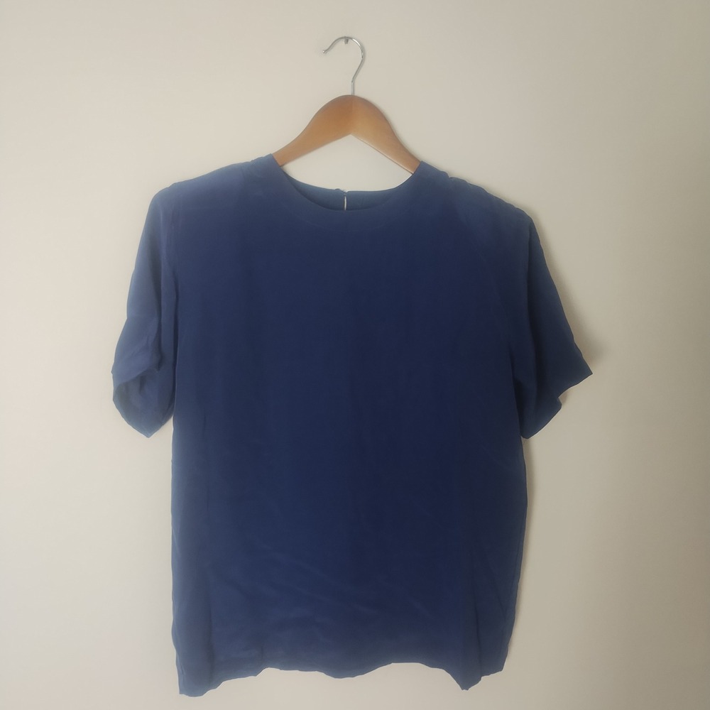 Vintage Ellen Ashley Silk Blouse Women's Large Blue Short Sleeve Shoulder Pads